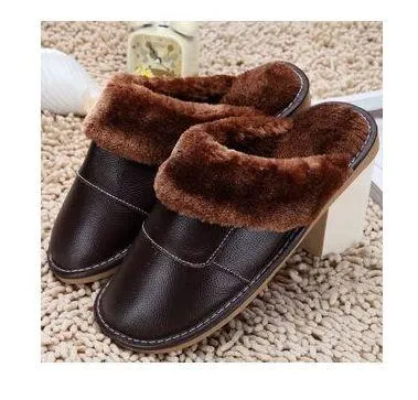 6 Colors Women Men Genuine Leather Plush Warm Indoor Home Slippers