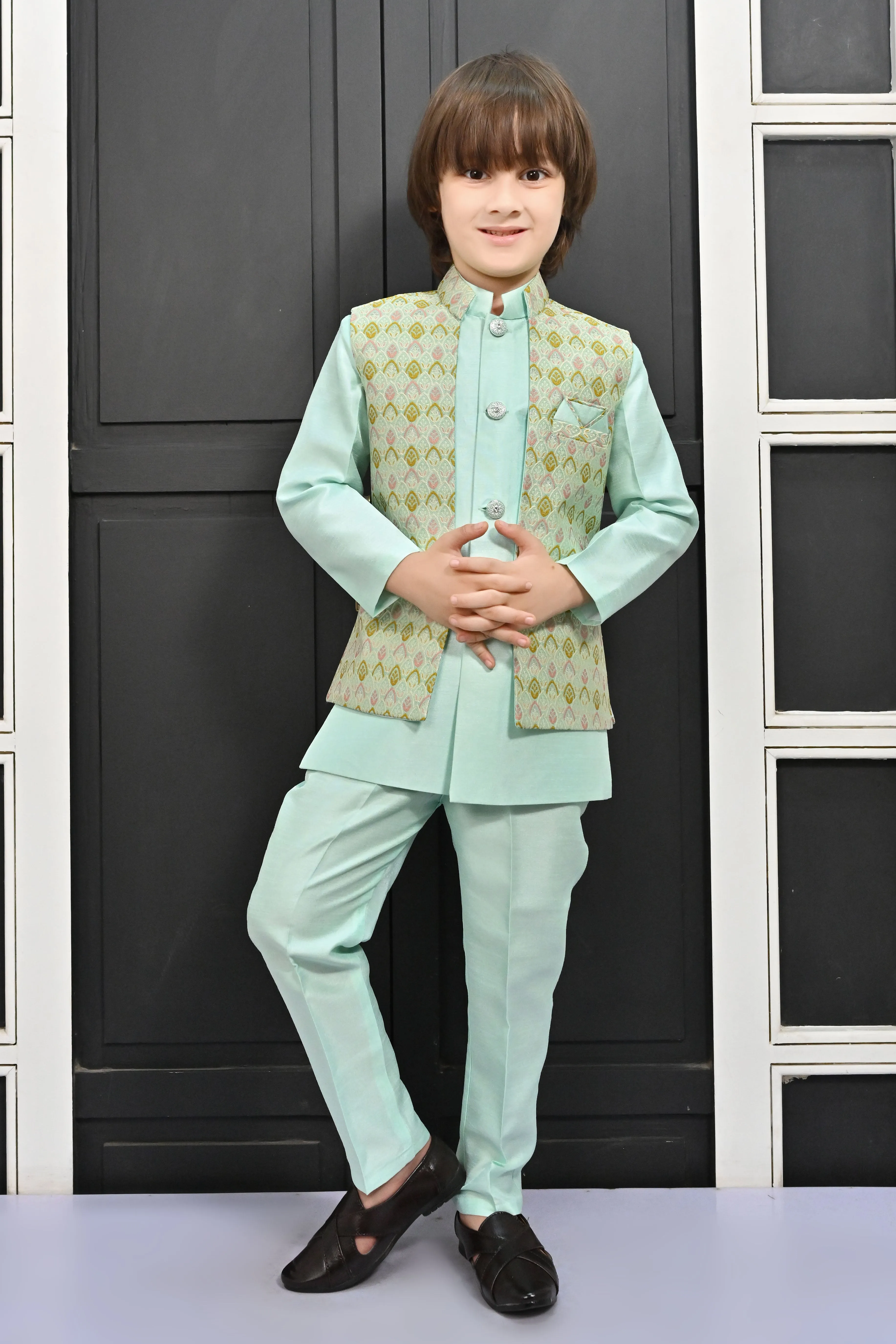 Ahhaaaa Kids Ethnic Multi-Colored Thread Work Indo-Western Kurta, Waistcoat and Pajama Set for Boys