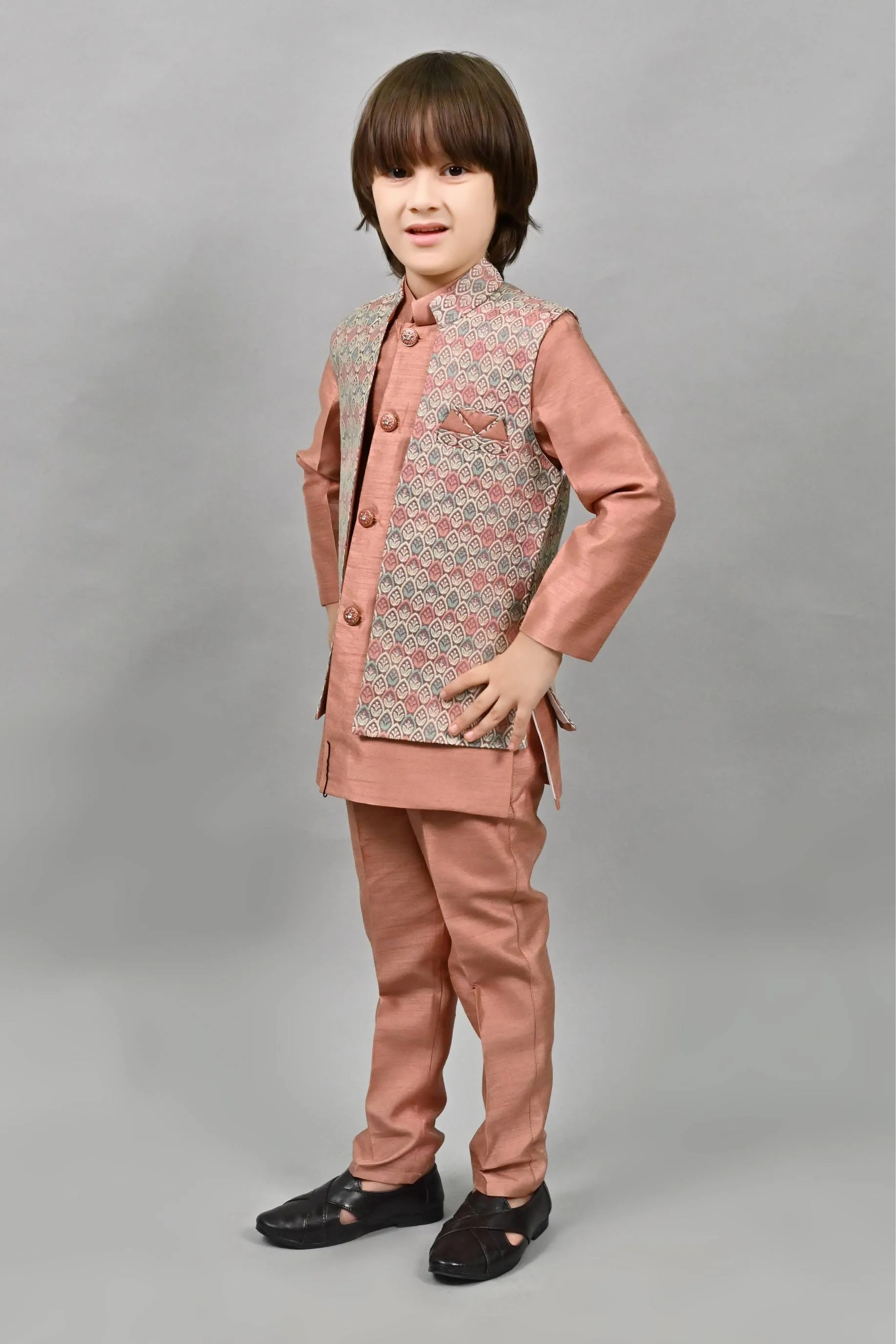 Ahhaaaa Kids Ethnic Multi-Colored Thread Work Indo-Western Kurta, Waistcoat and Pajama Set for Boys