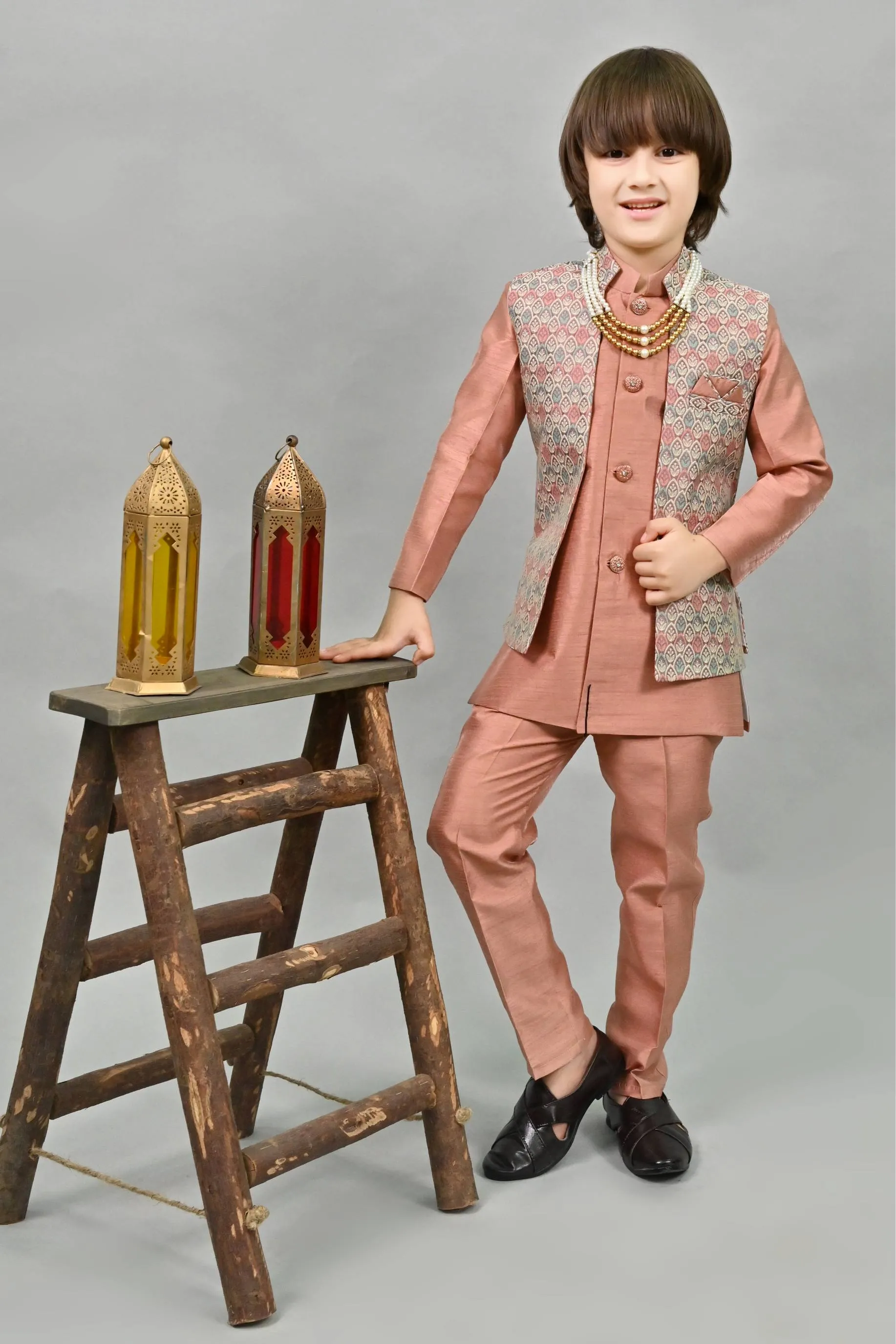 Ahhaaaa Kids Ethnic Multi-Colored Thread Work Indo-Western Kurta, Waistcoat and Pajama Set for Boys