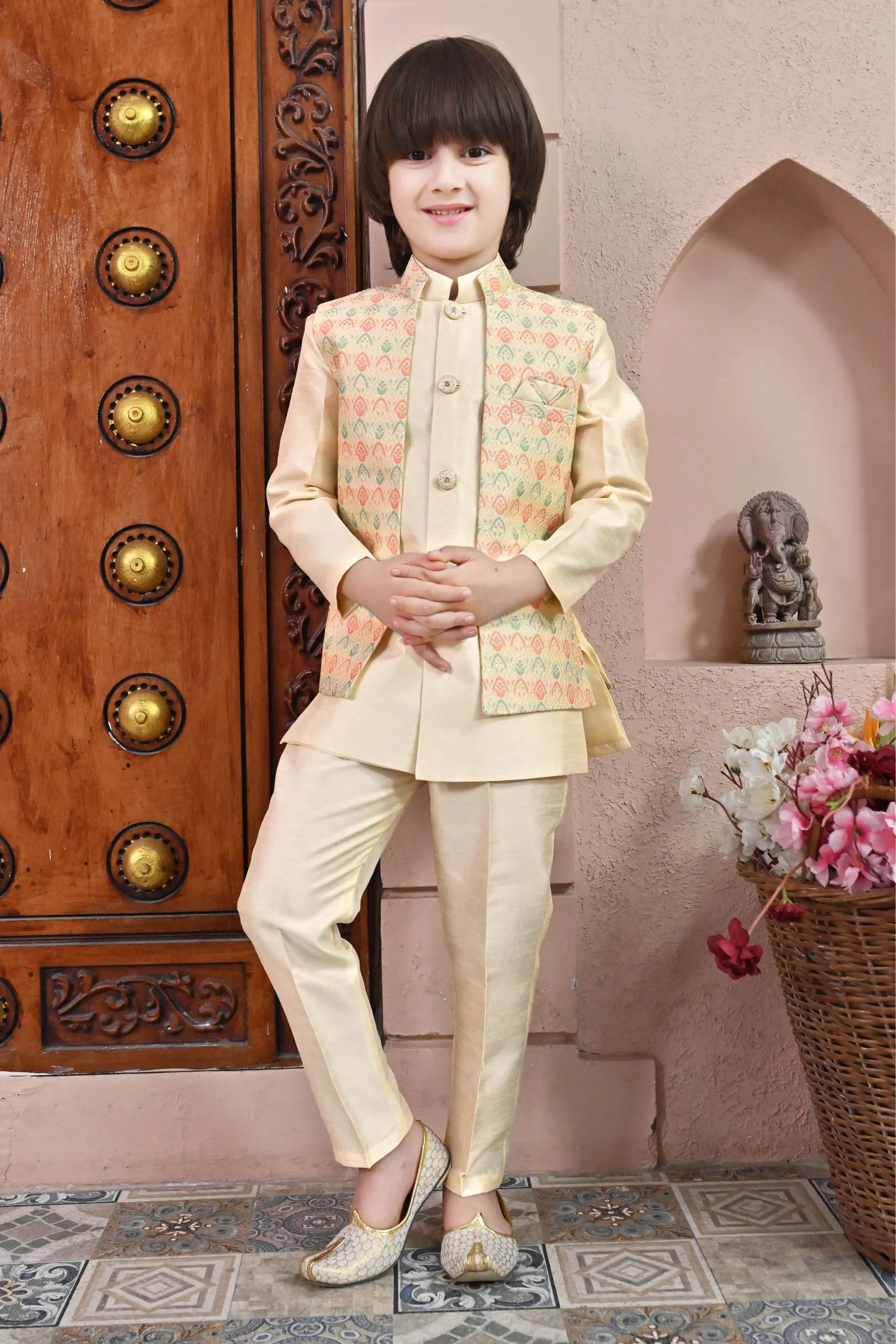 Ahhaaaa Kids Ethnic Multi-Colored Thread Work Indo-Western Kurta, Waistcoat and Pajama Set for Boys