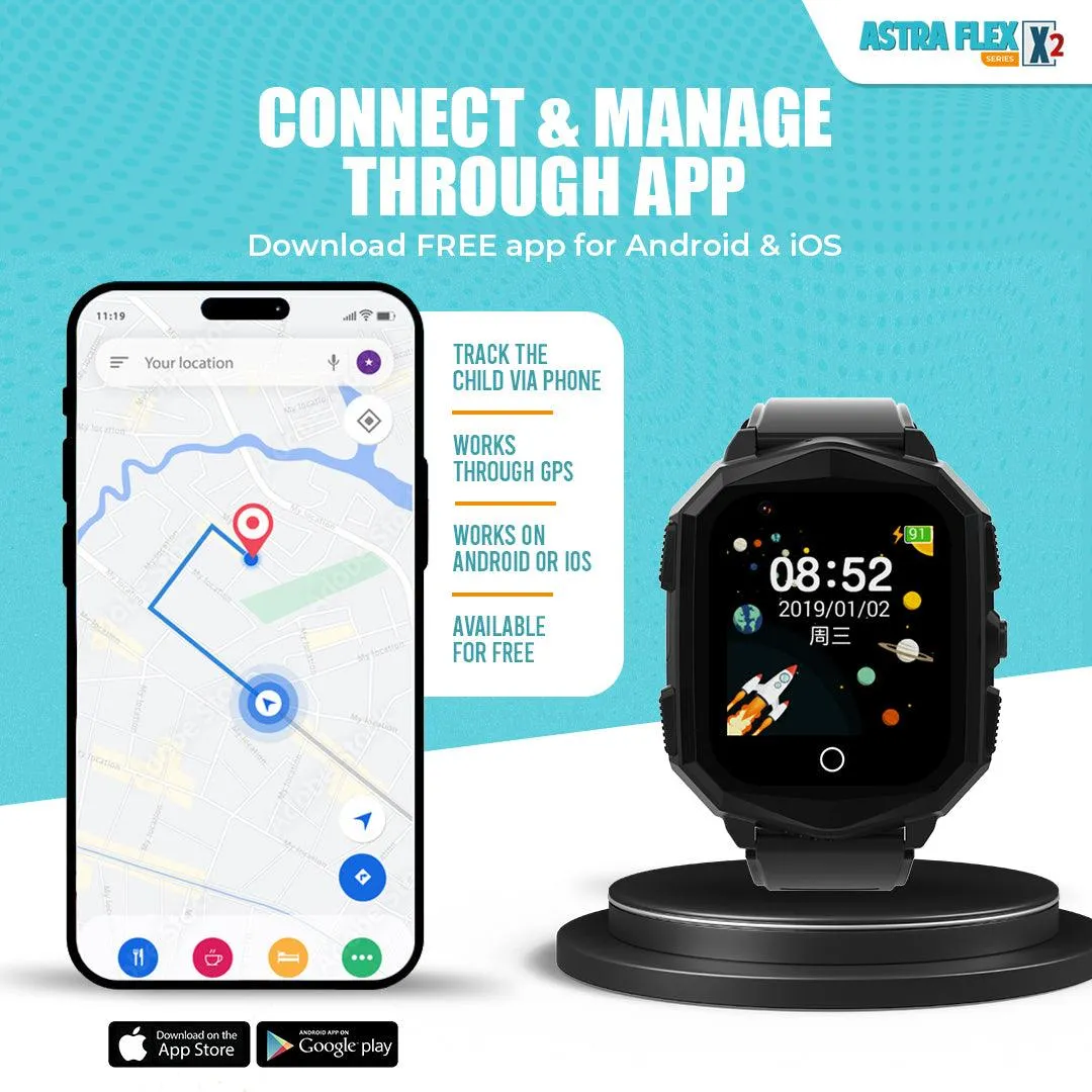 Astra Flex X2- Kids 4G LTE Android Smart Watch - 1GB RAM   8GB ROM, SMS, Vibration, WhatsApp, Wifi, GPS Tracking and Video Calling