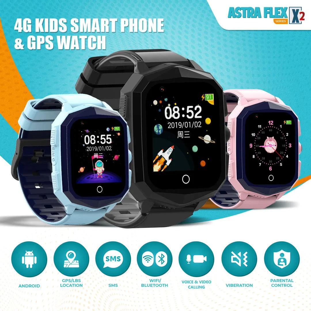 Astra Flex X2- Kids 4G LTE Android Smart Watch - 1GB RAM   8GB ROM, SMS, Vibration, WhatsApp, Wifi, GPS Tracking and Video Calling