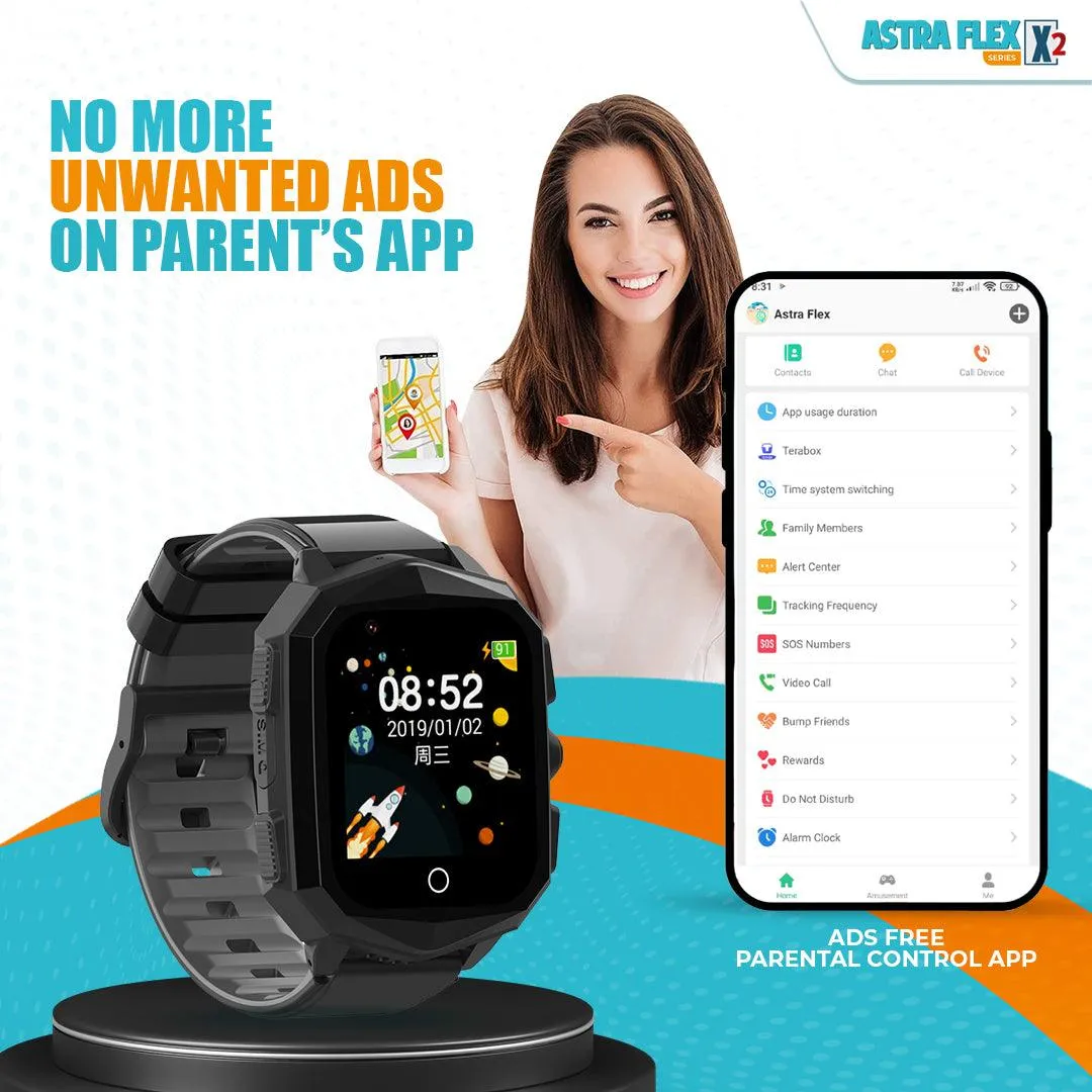 Astra Flex X2- Kids 4G LTE Android Smart Watch - 1GB RAM   8GB ROM, SMS, Vibration, WhatsApp, Wifi, GPS Tracking and Video Calling