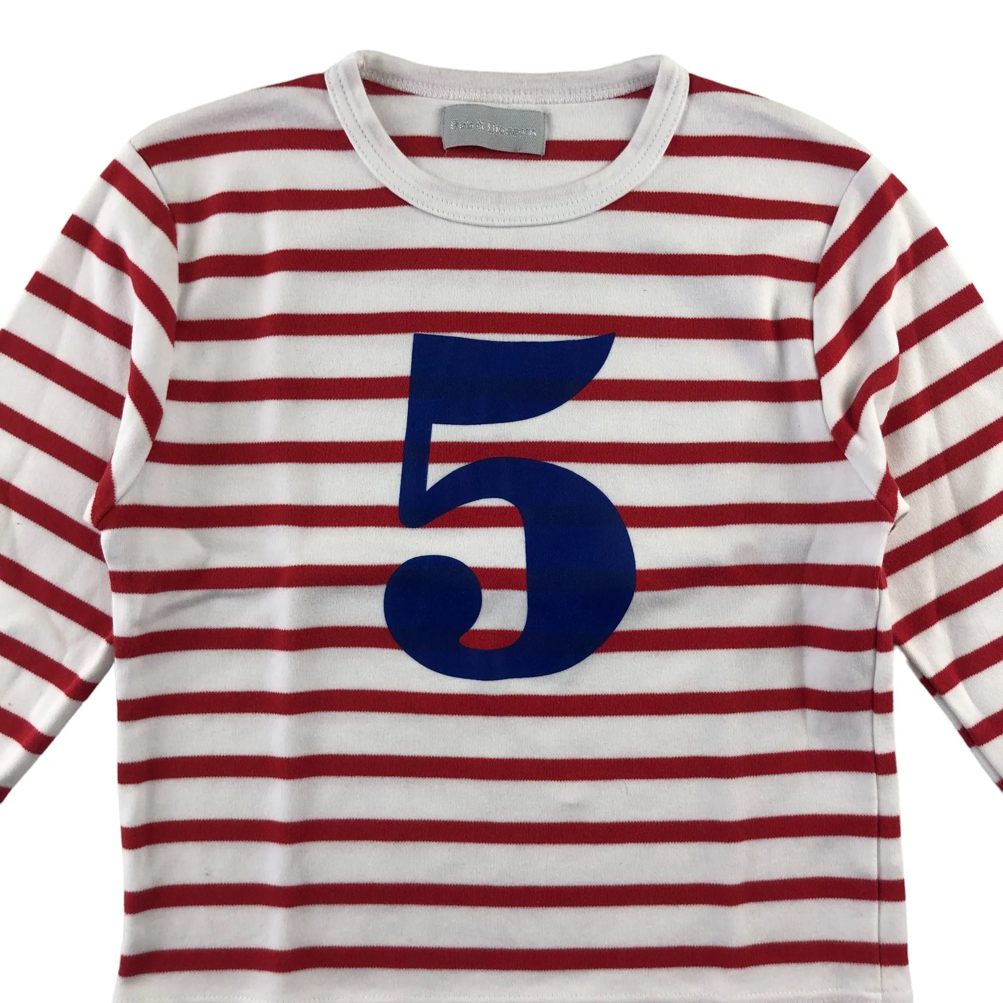 Bob and Blossom t-shirt 5-6 years red and white stripy number 5 long sleeve cotton