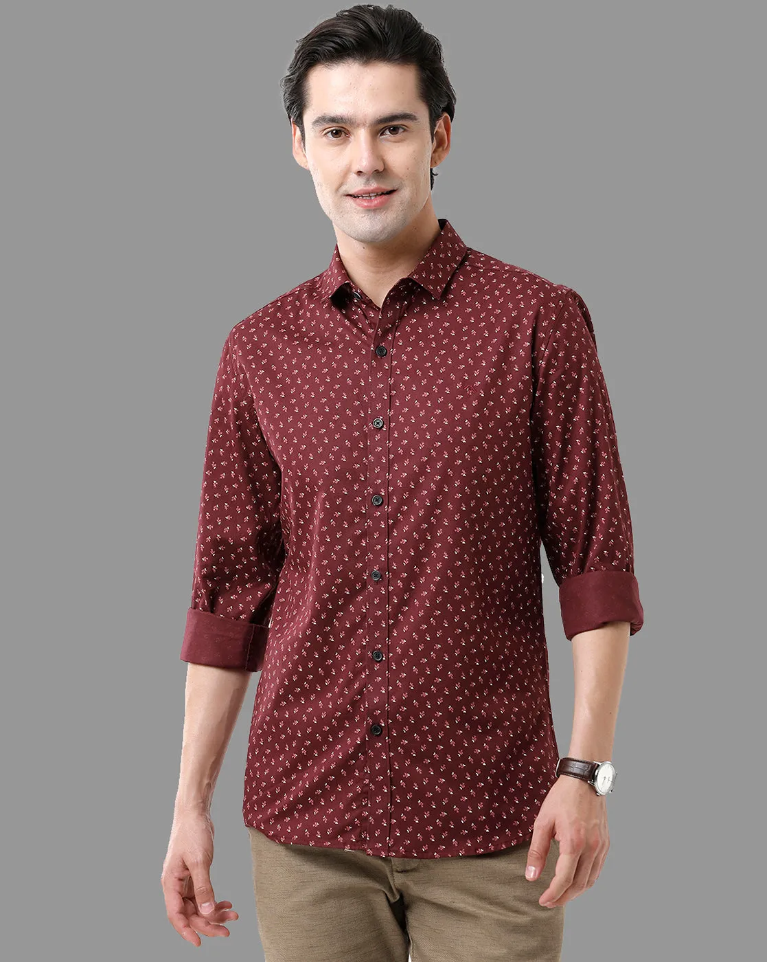 CP BRO Men's Cotton Full Sleeve Printed Slim Fit Polo Neck Brown Color Woven Shirt | Sbn2-65 A