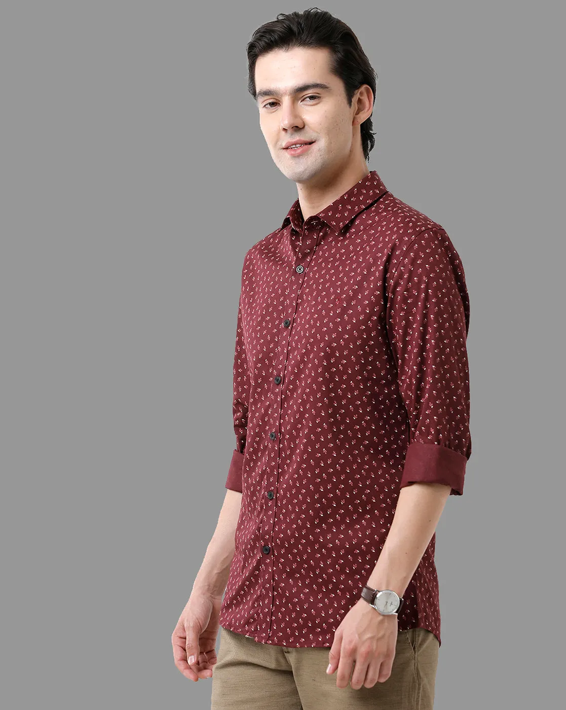 CP BRO Men's Cotton Full Sleeve Printed Slim Fit Polo Neck Brown Color Woven Shirt | Sbn2-65 A