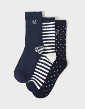 Crew Clothing 3 Pack Classic Bamboo Stripes & Dotted Socks - Navy/White