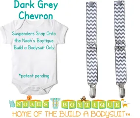 Dark Grey Gray Chevron Noah's Boytique Bodysuit Suspenders - Snap on Suspenders - Suspender Outfit - Baby Suspenders - Newborn Suspender