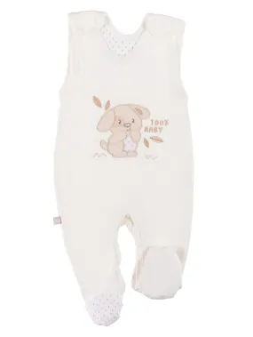 Early Baby Footed Dungarees, Embroidered Puppy Design - Cream