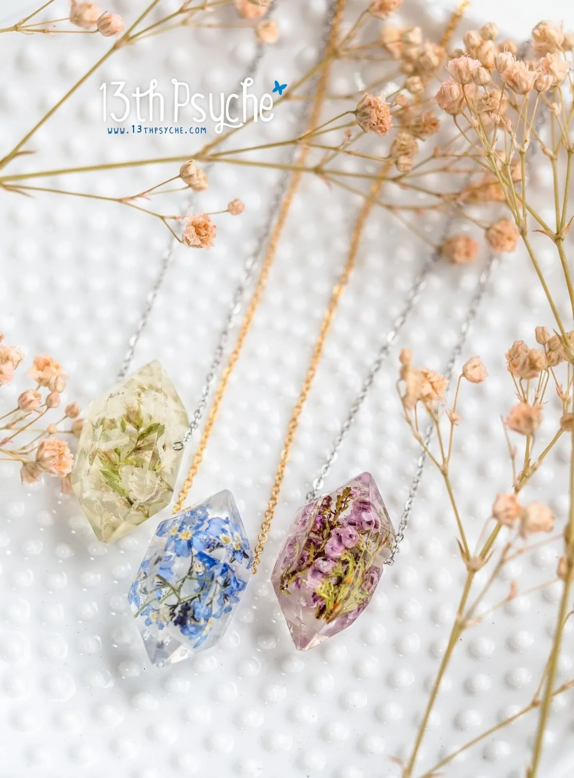 Forget me not flower crystal point pendant necklace