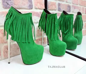 Green Fringed Platform Ankle Boots