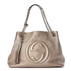 Gucci Bag Soho Metallic Pebbled Calfskin Chain Golden Beige Gold Leather Tote