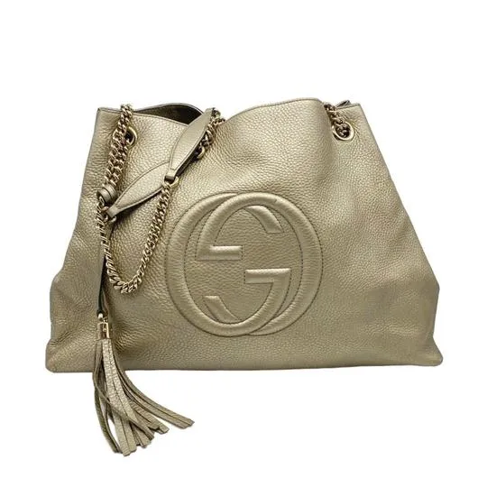 Gucci Bag Soho Metallic Pebbled Calfskin Chain Golden Beige Gold Leather Tote